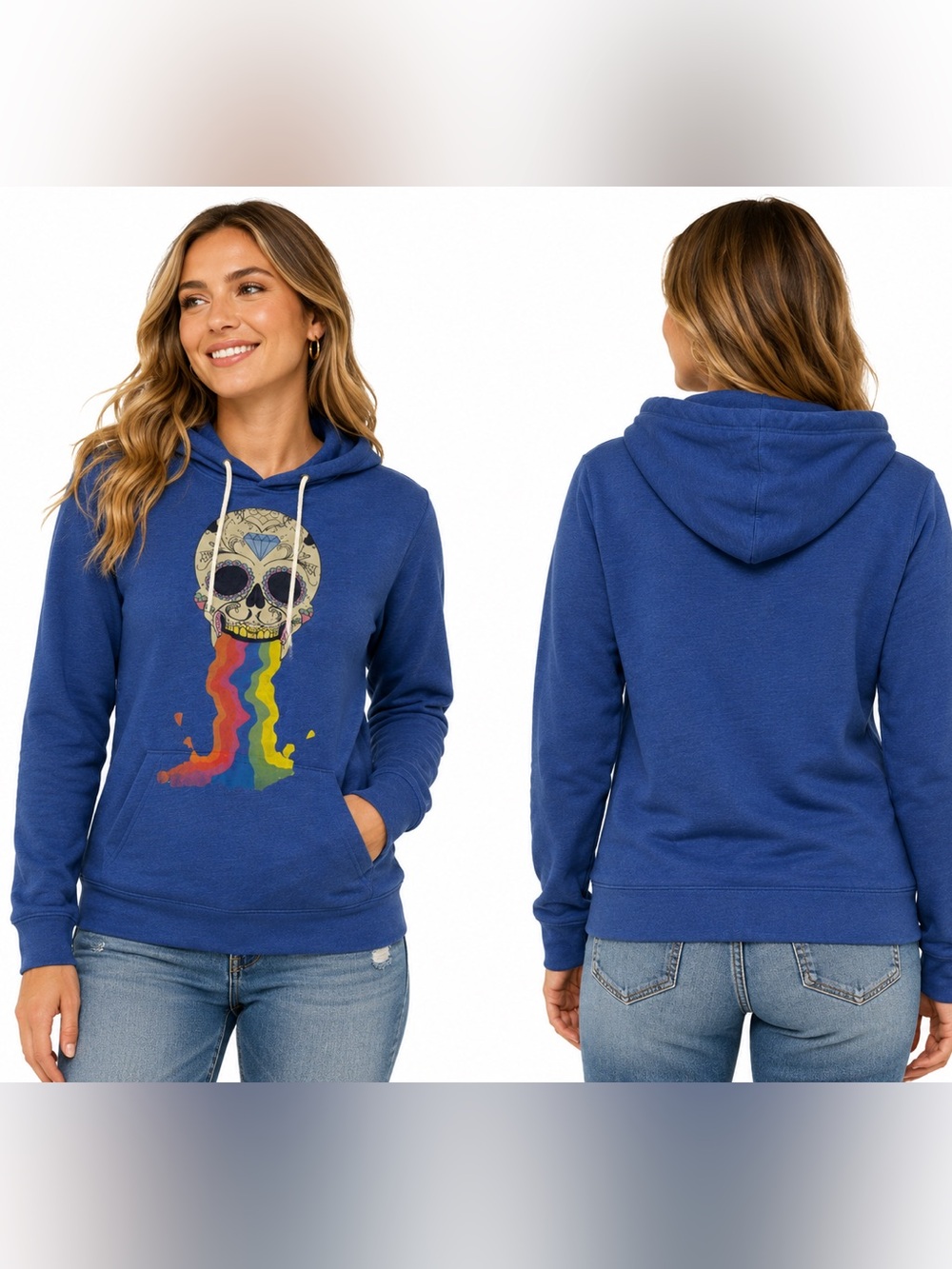 Bella Canvas Blue Hoodie with Skull and Rainbow Graphic, Size L
